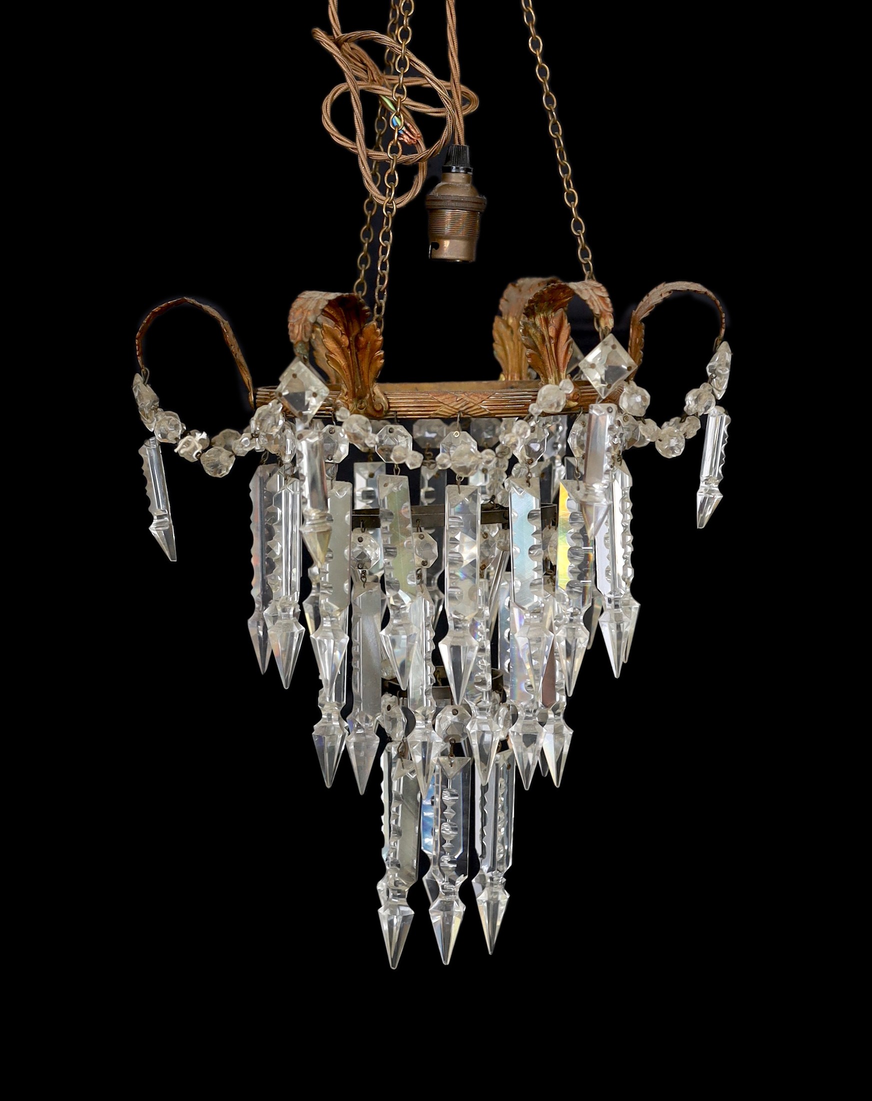 A pair of early 20th century art glass three light lustre light fittings with spear shaped drops, height 59cm. width 35cm